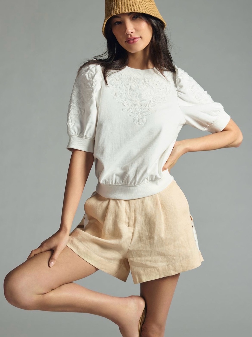 Anthropologie White Embroidered Puff-Sleeve Tee